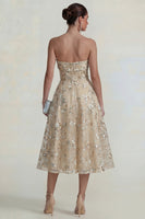 Load image into Gallery viewer, Strapless Pink Floral A Line Midi Formal Dress