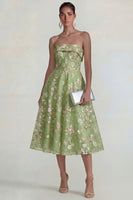 Load image into Gallery viewer, Strapless Pink Floral A Line Midi Formal Dress