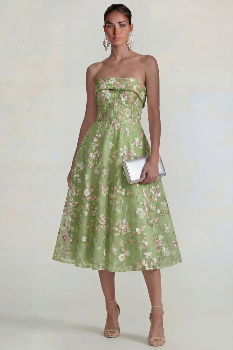 Load image into Gallery viewer, Strapless Pink Floral A Line Midi Formal Dress