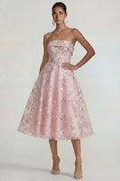 Load image into Gallery viewer, Strapless Pink Floral A Line Midi Formal Dress