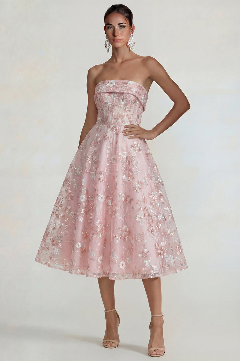 Load image into Gallery viewer, Strapless Pink Floral A Line Midi Formal Dress