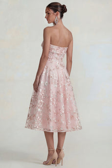 Strapless Pink Floral A Line Midi Formal Dress