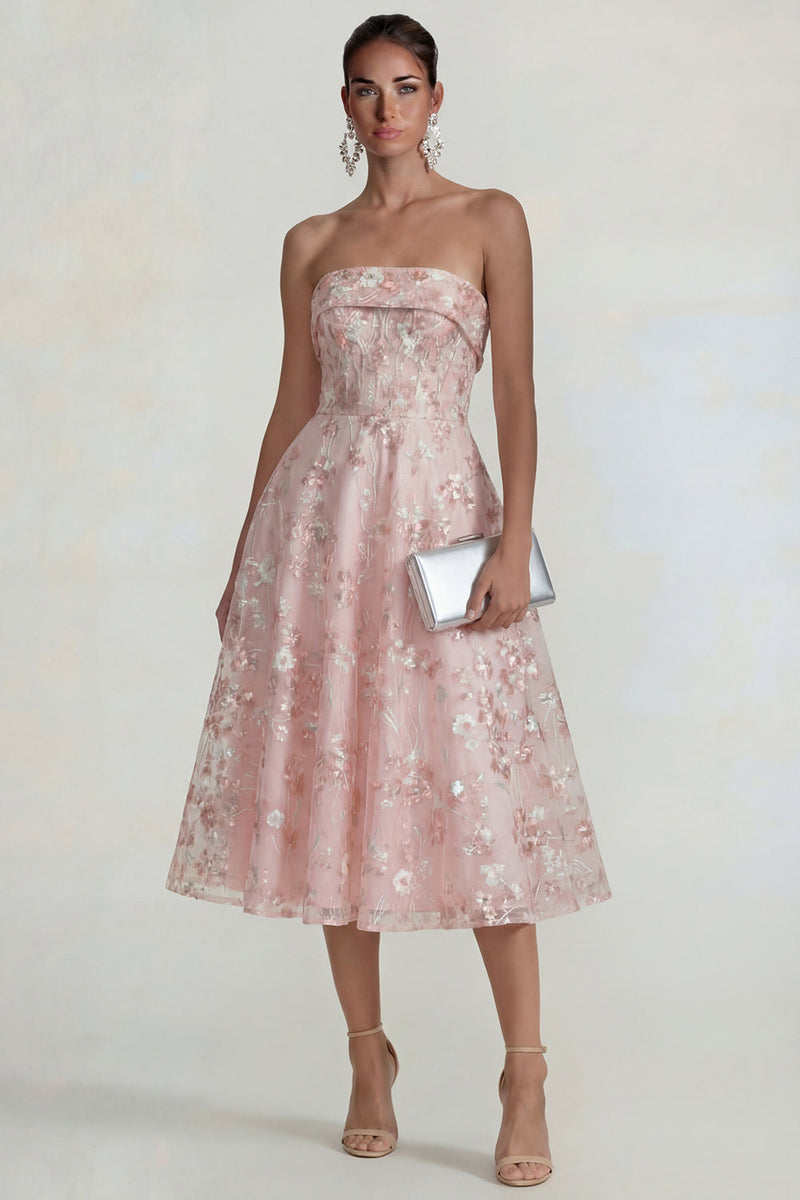 Load image into Gallery viewer, Strapless Pink Floral A Line Midi Formal Dress
