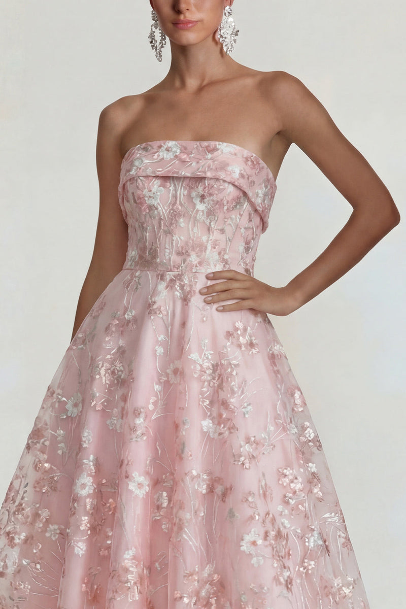Load image into Gallery viewer, Strapless Pink Floral A Line Midi Formal Dress