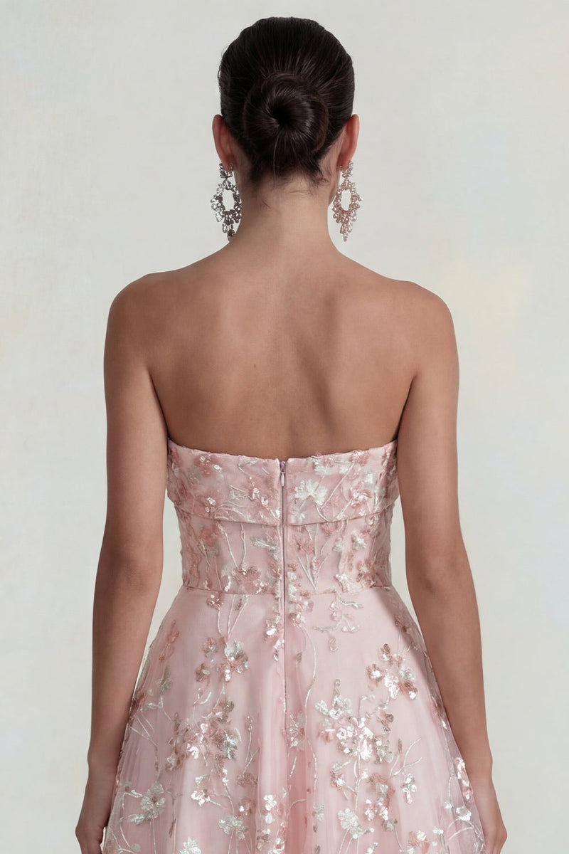 Load image into Gallery viewer, Strapless Pink Floral A Line Midi Formal Dress
