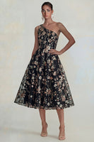 Load image into Gallery viewer, Sparkly Pink Floral A Line One Shoulder Maxi Formal Dress