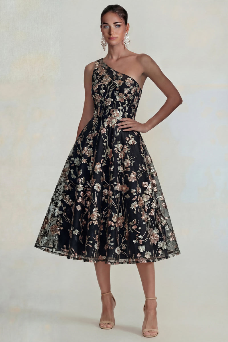 Load image into Gallery viewer, Sparkly Pink Floral A Line One Shoulder Maxi Formal Dress