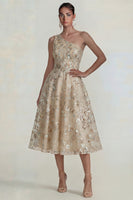 Load image into Gallery viewer, Sparkly Pink Floral A Line One Shoulder Maxi Formal Dress