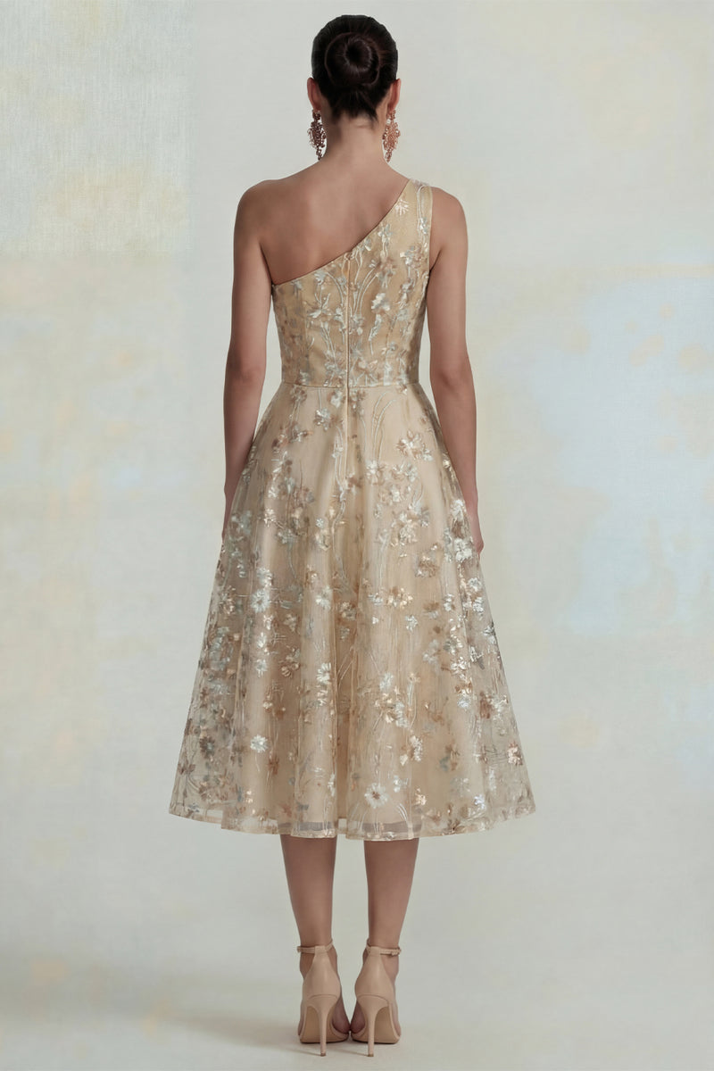 Load image into Gallery viewer, Sparkly Pink Floral A Line One Shoulder Maxi Formal Dress