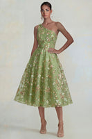 Load image into Gallery viewer, Sparkly Pink Floral A Line One Shoulder Maxi Formal Dress