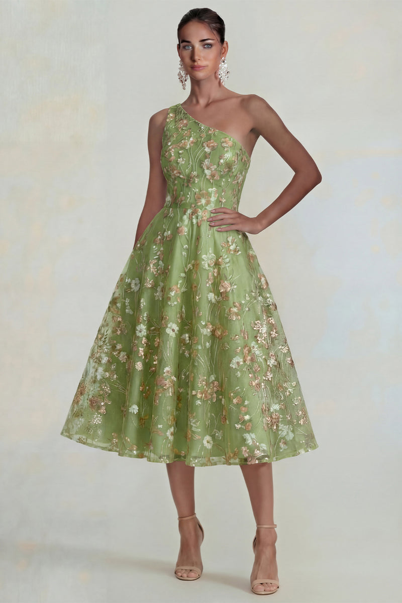 Load image into Gallery viewer, Sparkly Pink Floral A Line One Shoulder Maxi Formal Dress