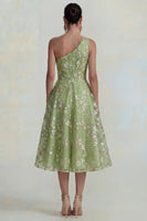 Load image into Gallery viewer, Sparkly Pink Floral A Line One Shoulder Maxi Formal Dress