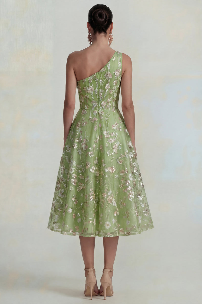 Load image into Gallery viewer, Sparkly Pink Floral A Line One Shoulder Maxi Formal Dress