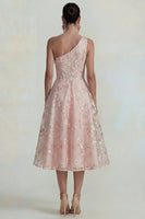 Load image into Gallery viewer, Sparkly Pink Floral A Line One Shoulder Maxi Formal Dress