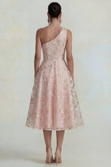 Sparkly Pink Floral A Line One Shoulder Maxi Formal Dress