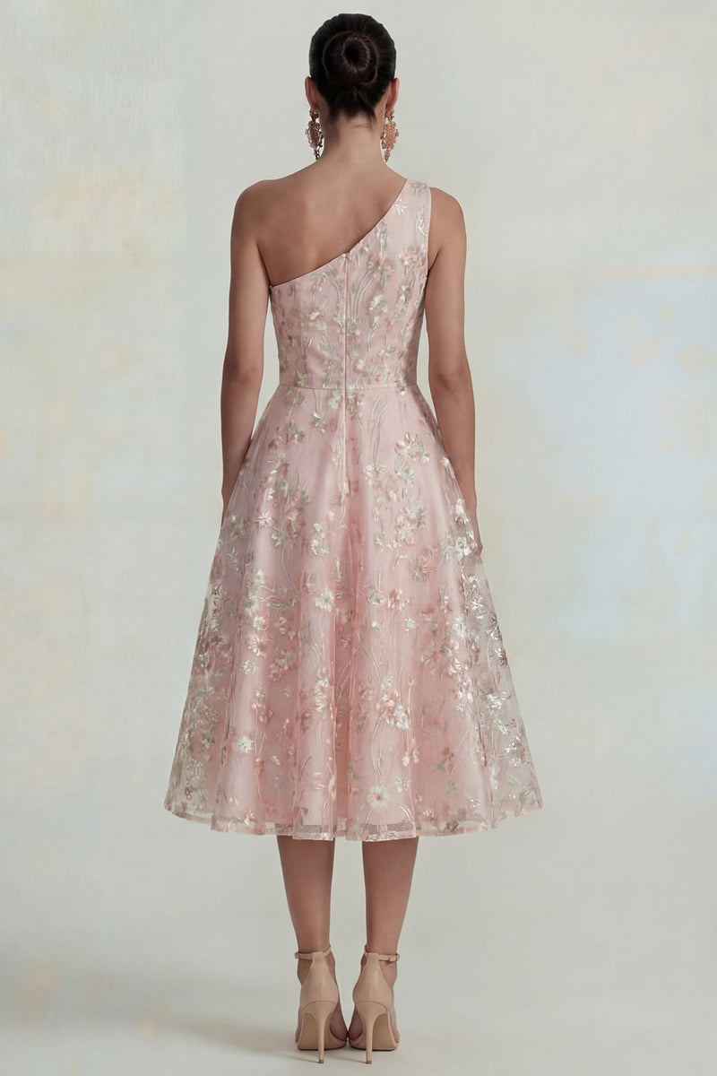 Load image into Gallery viewer, Sparkly Pink Floral A Line One Shoulder Maxi Formal Dress