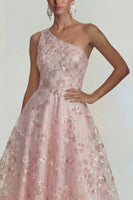 Load image into Gallery viewer, Sparkly Pink Floral A Line One Shoulder Maxi Formal Dress