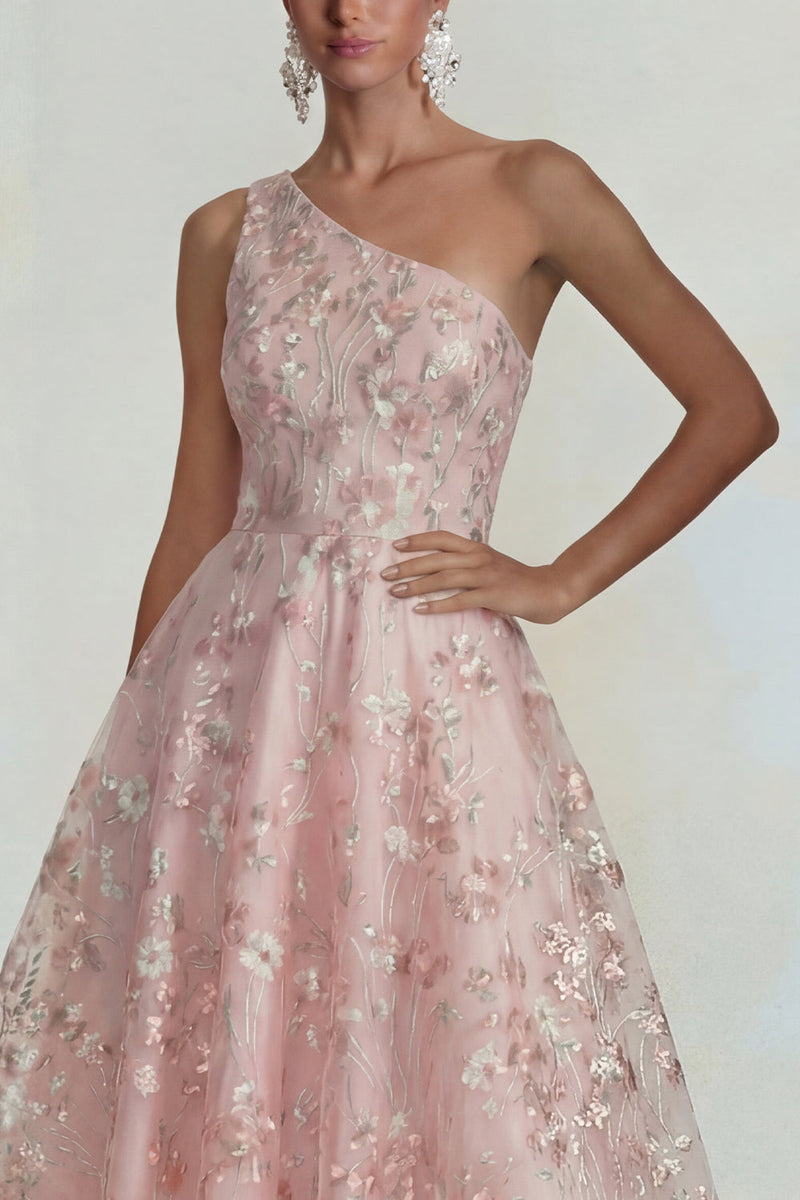 Load image into Gallery viewer, Sparkly Pink Floral A Line One Shoulder Maxi Formal Dress