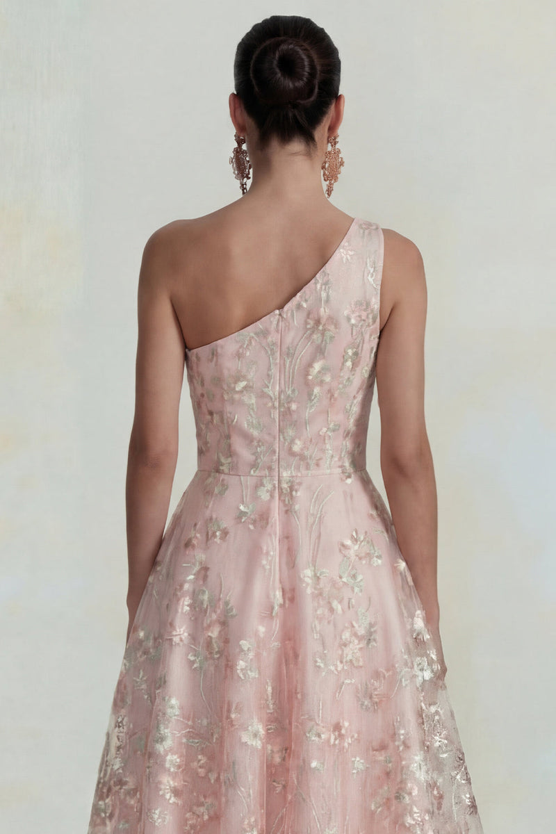 Load image into Gallery viewer, Sparkly Pink Floral A Line One Shoulder Maxi Formal Dress