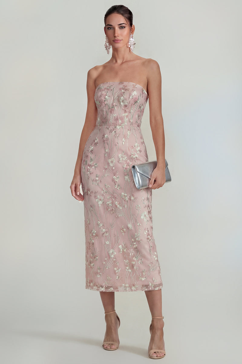 Load image into Gallery viewer, Sparkly Pink Floral Sheath Strapless Maxi Formal Dress