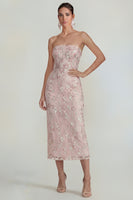 Load image into Gallery viewer, Sparkly Pink Floral Sheath Strapless Maxi Formal Dress