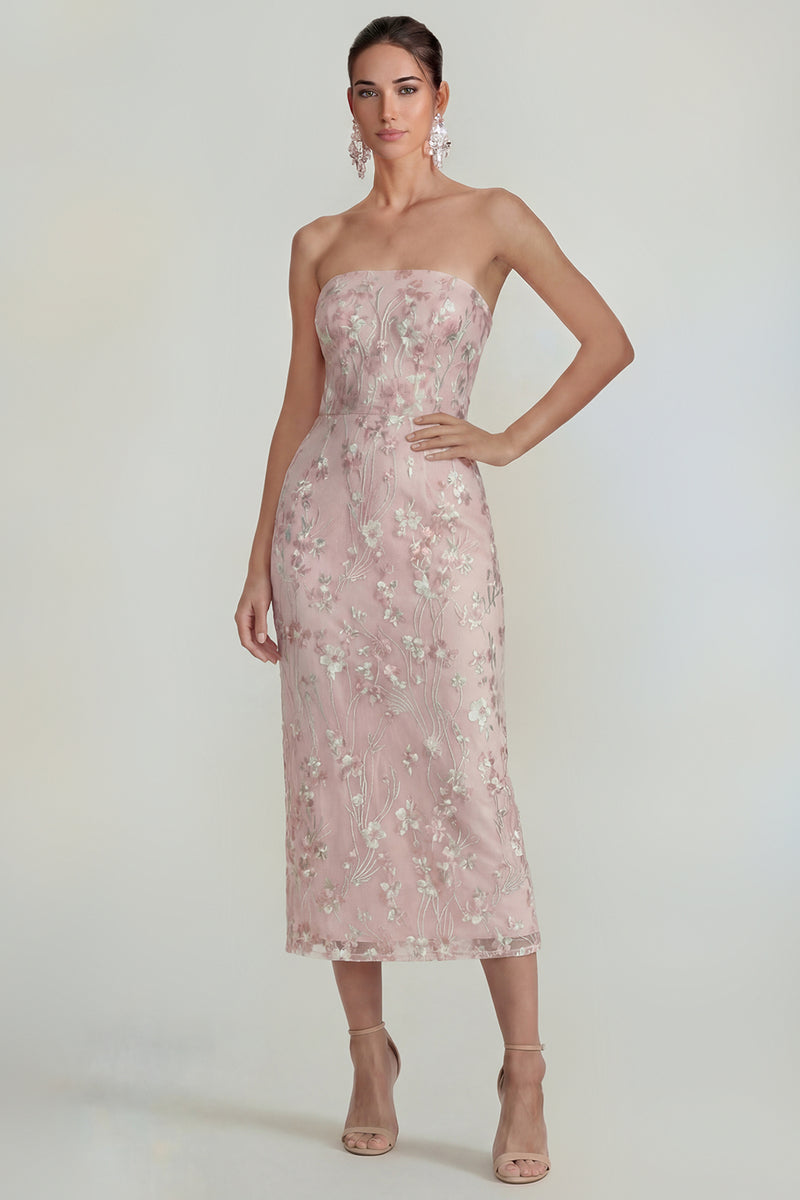 Load image into Gallery viewer, Sparkly Pink Floral Sheath Strapless Maxi Formal Dress