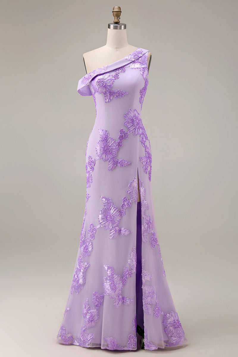 Load image into Gallery viewer, Yellow One Shoulder Long Floral Mermaid Prom Dress with Slit