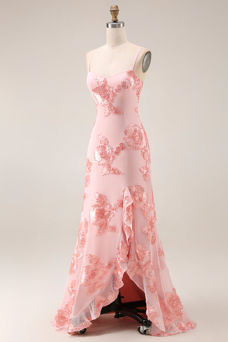 Load image into Gallery viewer, Yellow Spaghetti Straps Long Floral Mermaid Ruffled Prom Dress with Slit