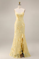 Load image into Gallery viewer, Yellow Spaghetti Straps Long Floral Mermaid Ruffled Prom Dress with Slit
