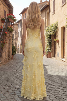 Yellow Spaghetti Straps Long Floral Mermaid Ruffled Prom Dress with Slit