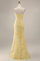 Load image into Gallery viewer, Yellow Spaghetti Straps Long Floral Mermaid Ruffled Prom Dress with Slit