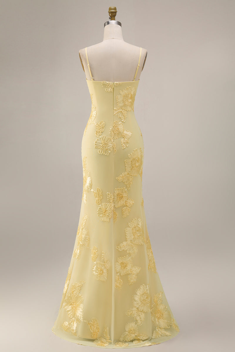 Load image into Gallery viewer, Yellow Spaghetti Straps Long Floral Mermaid Ruffled Prom Dress with Slit