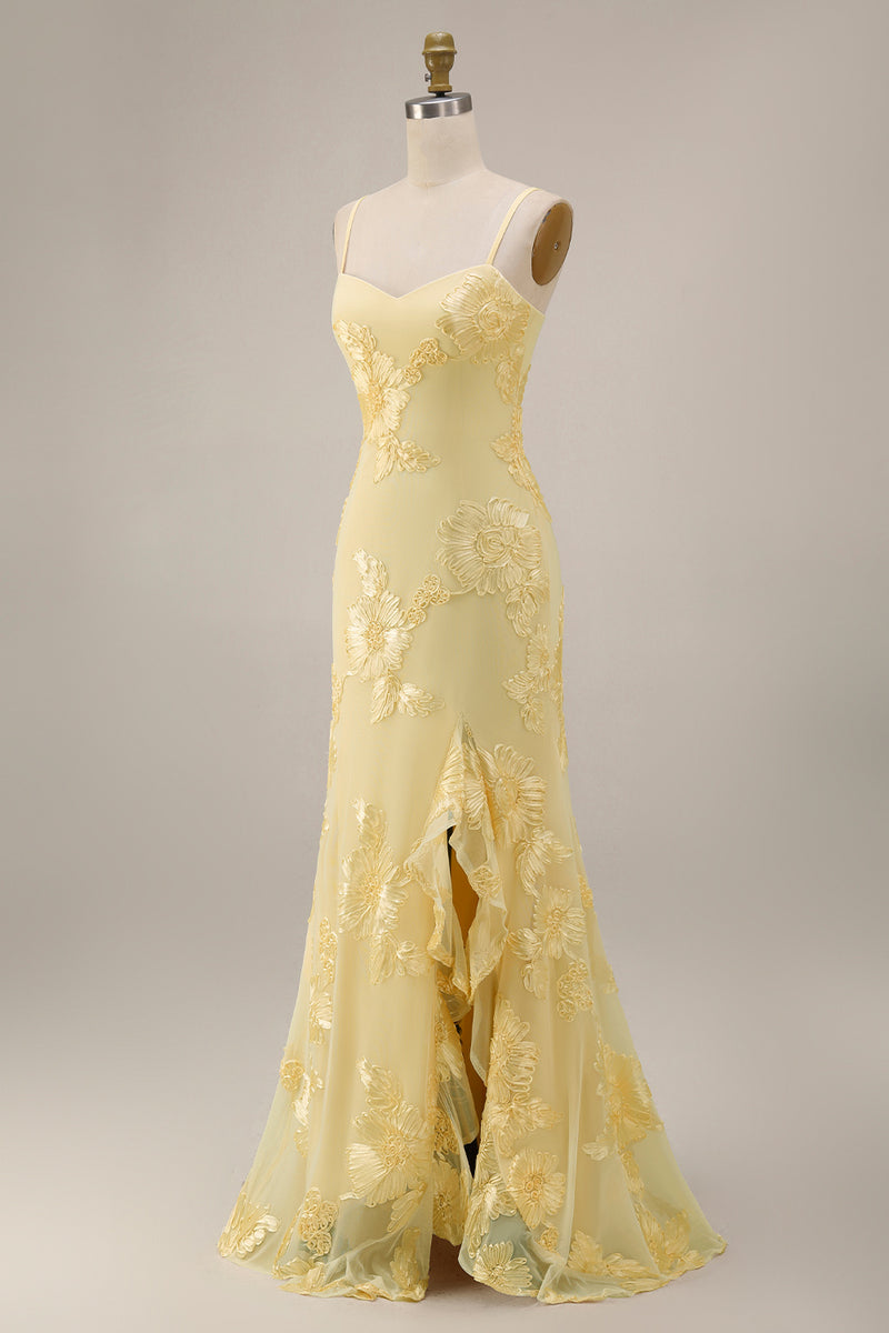 Load image into Gallery viewer, Yellow Spaghetti Straps Long Floral Mermaid Ruffled Prom Dress with Slit