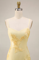Load image into Gallery viewer, Yellow Spaghetti Straps Long Floral Mermaid Ruffled Prom Dress with Slit