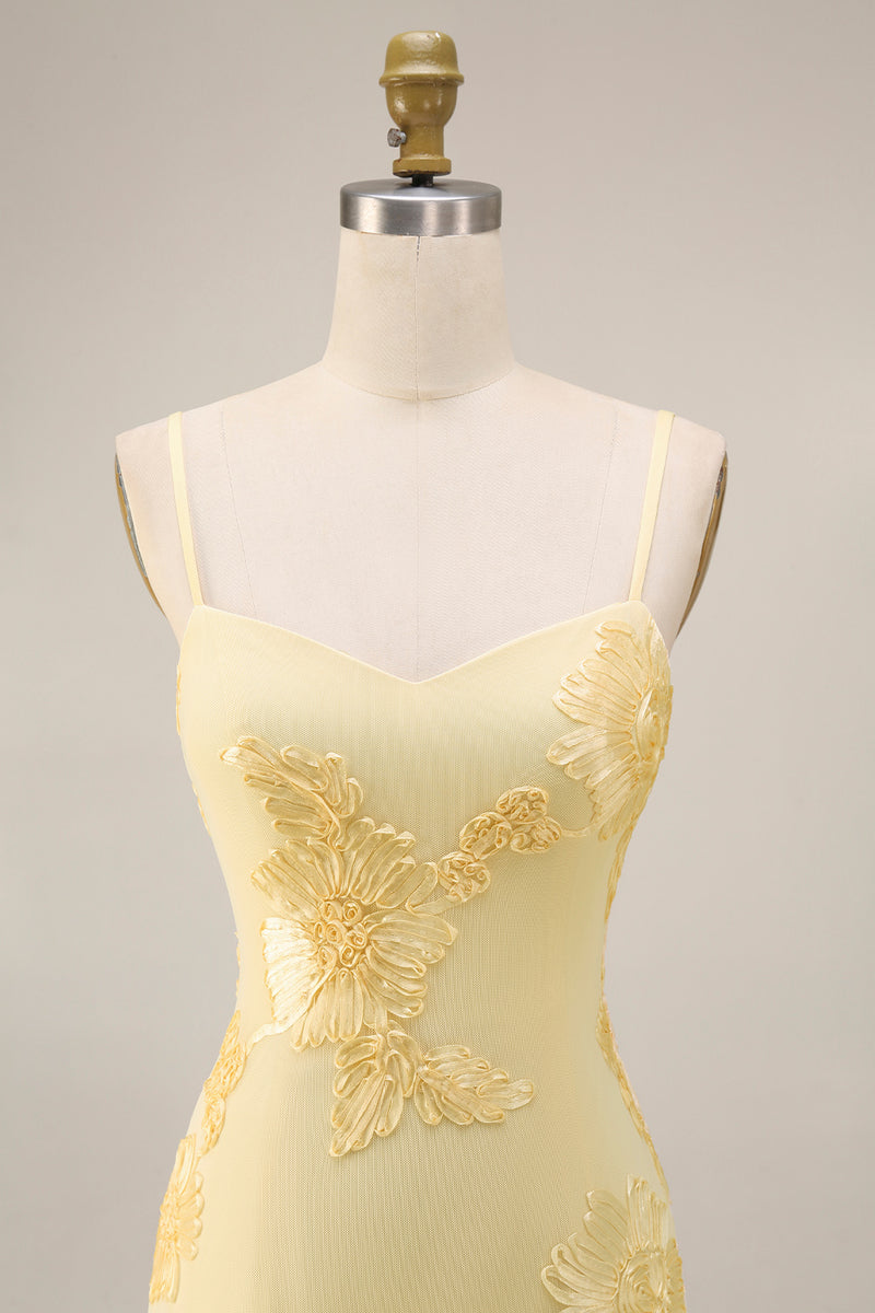 Load image into Gallery viewer, Yellow Spaghetti Straps Long Floral Mermaid Ruffled Prom Dress with Slit