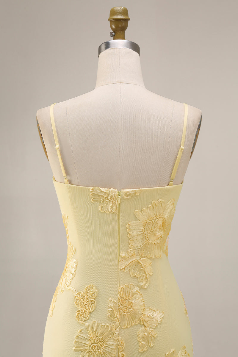 Load image into Gallery viewer, Yellow Spaghetti Straps Long Floral Mermaid Ruffled Prom Dress with Slit