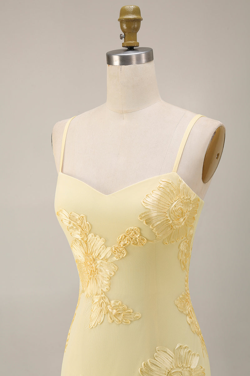 Load image into Gallery viewer, Yellow Spaghetti Straps Long Floral Mermaid Ruffled Prom Dress with Slit
