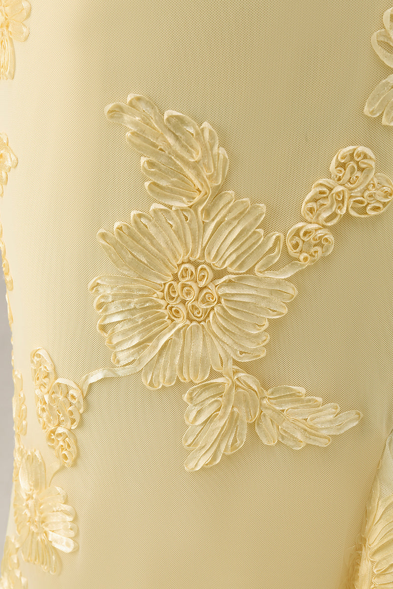Load image into Gallery viewer, Yellow Spaghetti Straps Long Floral Mermaid Ruffled Prom Dress with Slit