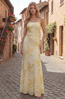 Load image into Gallery viewer, Yellow Spaghetti Straps Floral Long A Line Appliqued Prom Dress