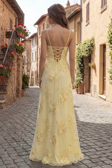 Yellow Spaghetti Straps Floral Long A Line Appliqued Prom Dress