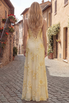 Yellow Spaghetti Straps Floral Long A Line Appliqued Prom Dress