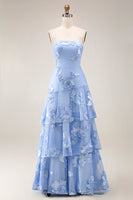 Load image into Gallery viewer, Yellow Tiered Ruffled Floral Spaghetti Straps Long A Line Prom Dress