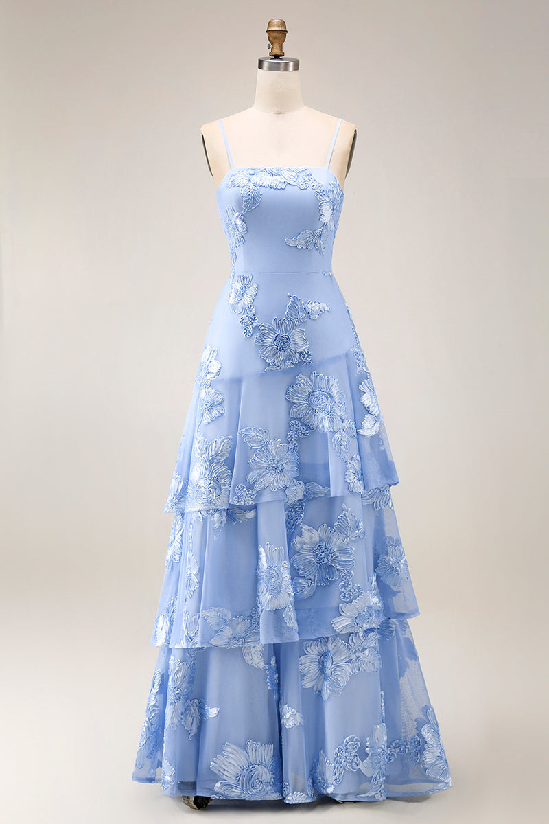 Load image into Gallery viewer, Yellow Tiered Ruffled Floral Spaghetti Straps Long A Line Prom Dress