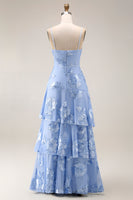 Load image into Gallery viewer, Yellow Tiered Ruffled Floral Spaghetti Straps Long A Line Prom Dress