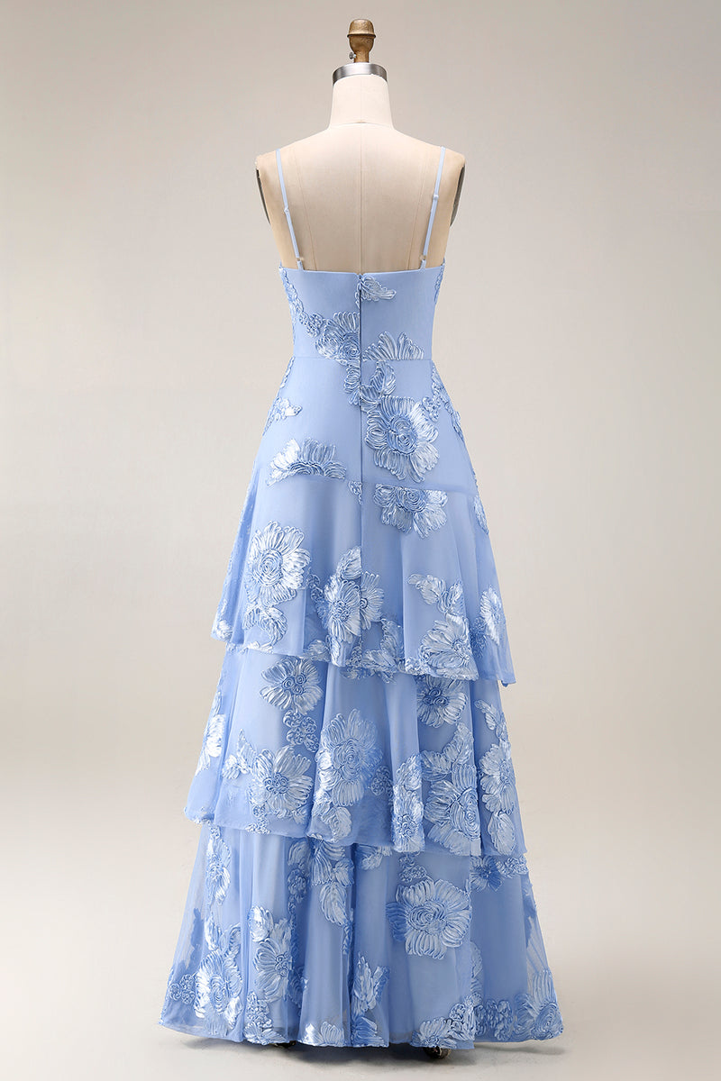 Load image into Gallery viewer, Yellow Tiered Ruffled Floral Spaghetti Straps Long A Line Prom Dress