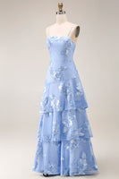 Load image into Gallery viewer, Yellow Tiered Ruffled Floral Spaghetti Straps Long A Line Prom Dress