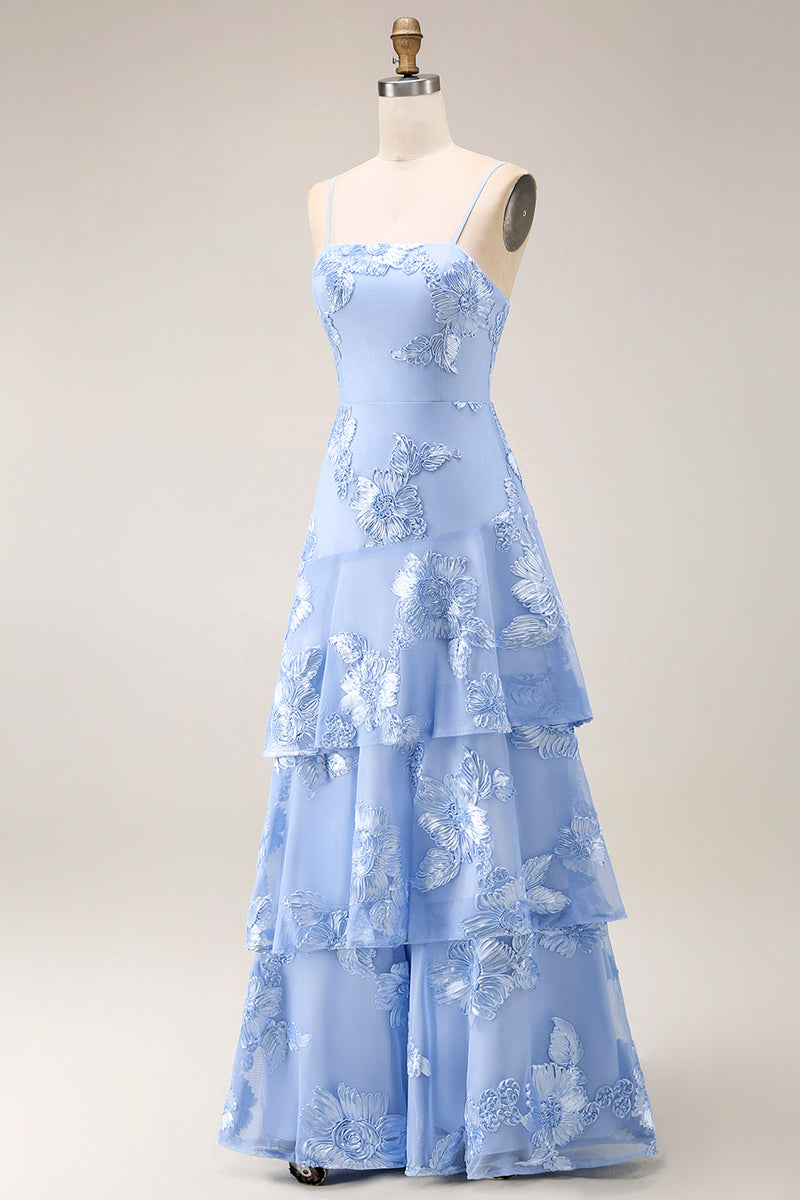Load image into Gallery viewer, Yellow Tiered Ruffled Floral Spaghetti Straps Long A Line Prom Dress