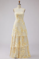 Load image into Gallery viewer, Yellow Tiered Ruffled Floral Spaghetti Straps Long A Line Prom Dress