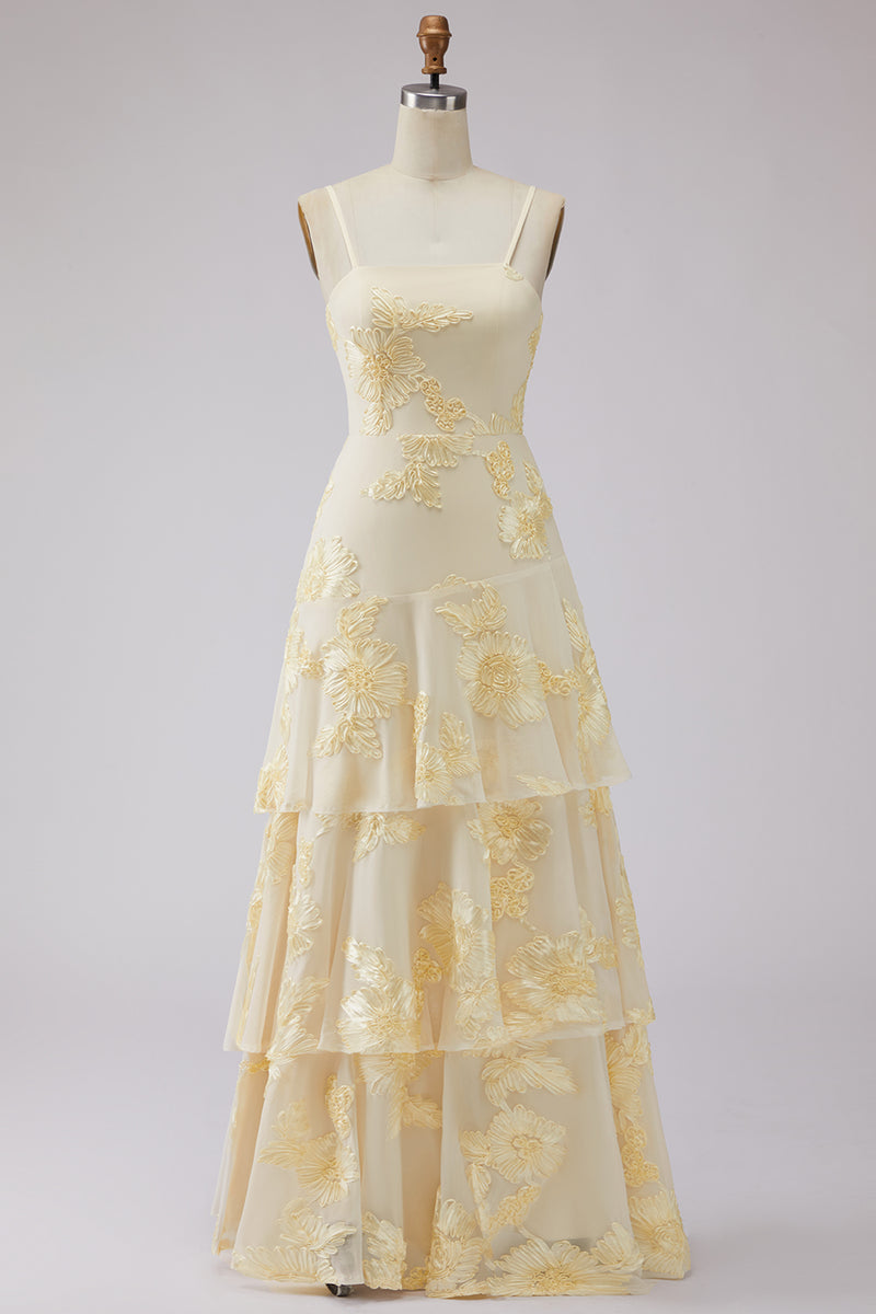 Load image into Gallery viewer, Yellow Tiered Ruffled Floral Spaghetti Straps Long A Line Prom Dress