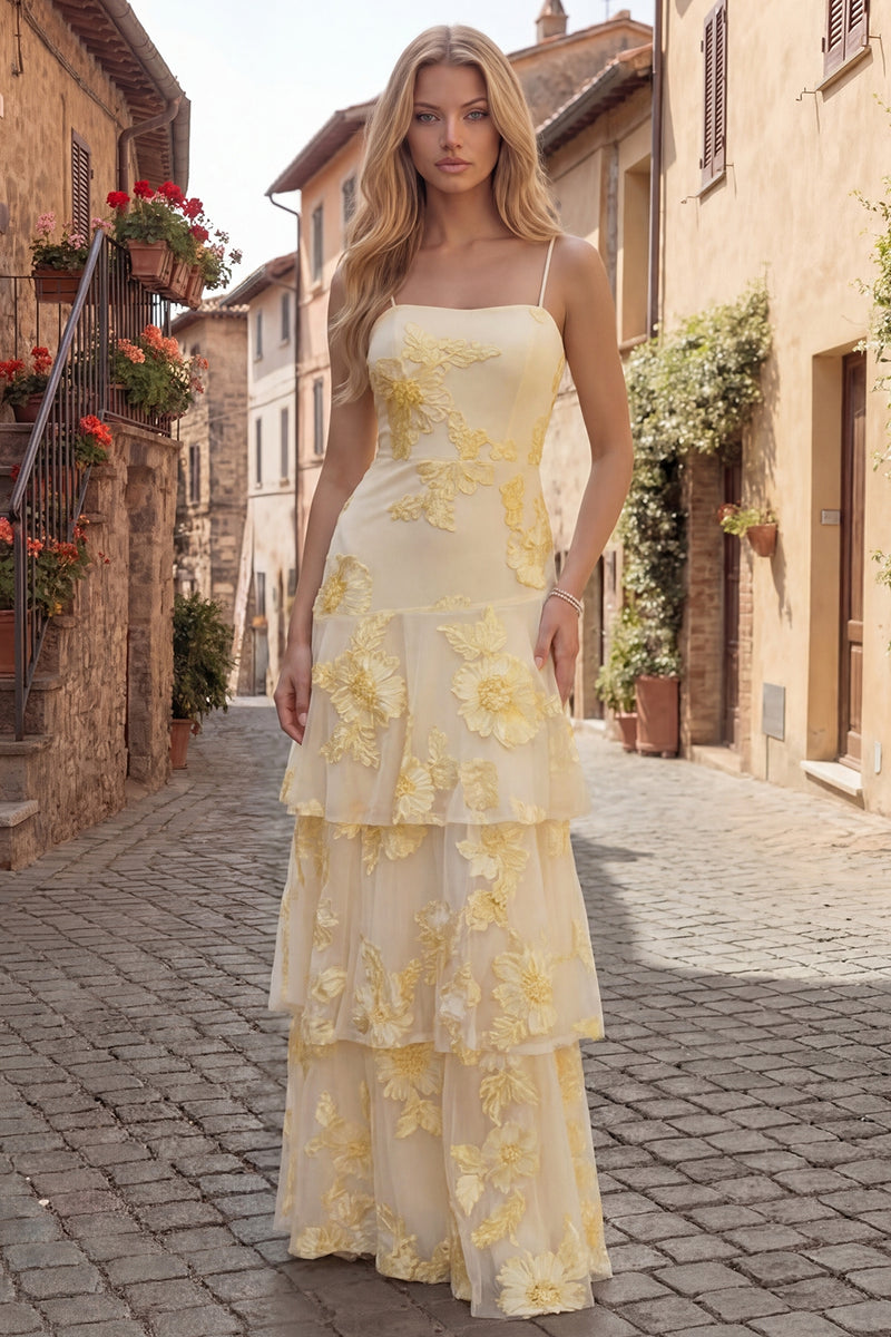 Load image into Gallery viewer, Yellow Tiered Ruffled Floral Spaghetti Straps Long A Line Prom Dress